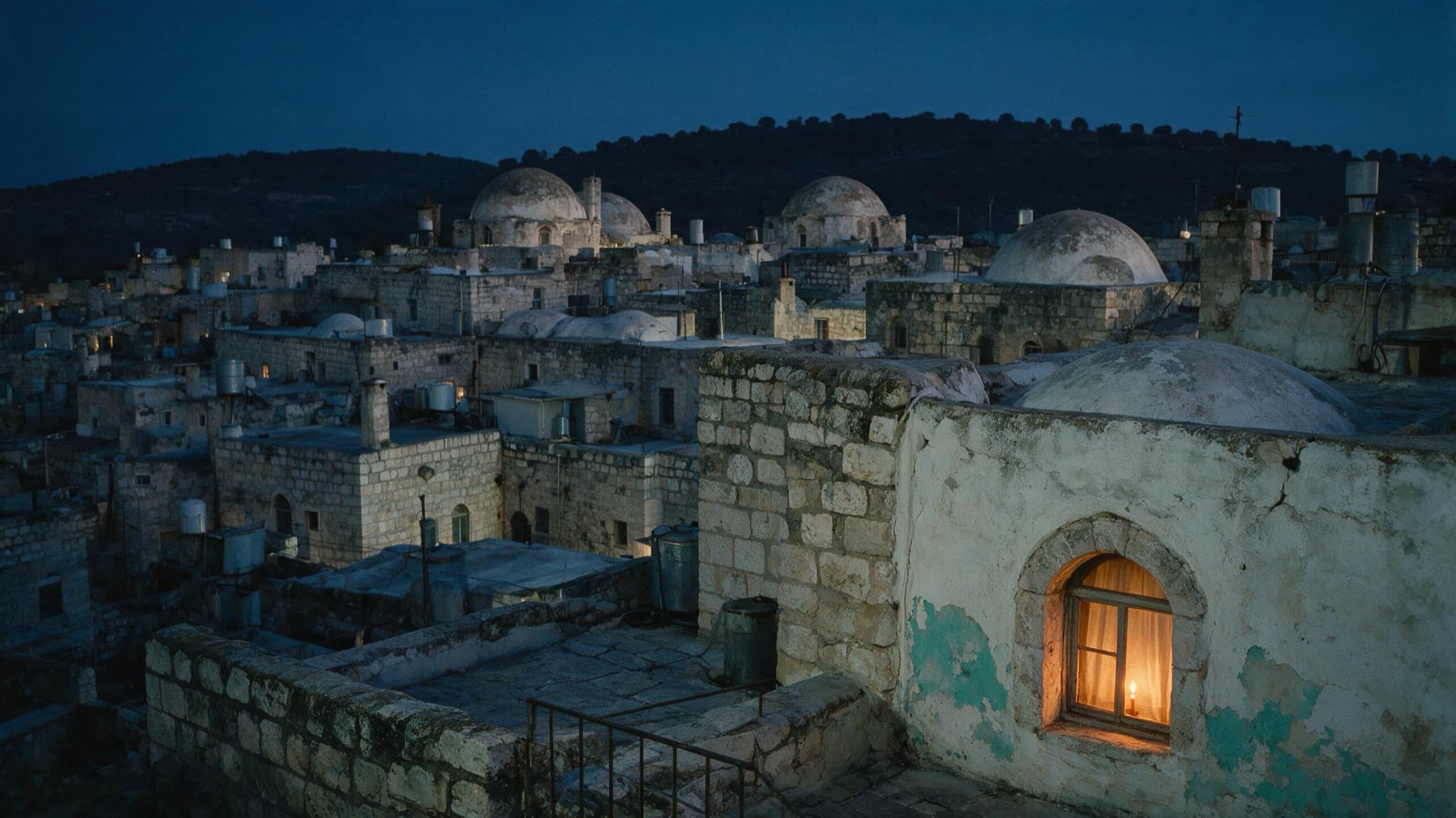 A candle-lit stone lane in Tzfat at night