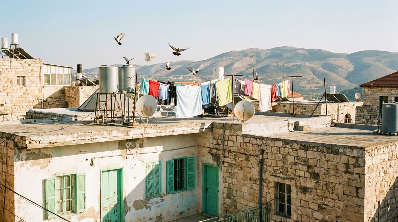 The rooftops of Tzfat at dusk, laundry lines strung between stone houses below the ridge